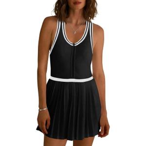 Fisoew Womens Tennis Mini Dress Half Zipper Racerback Athletic Workout Pleated Dresses with Built-in Shorts& Bra(Black)