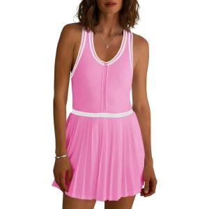 Fisoew Womens Tennis Mini Dress Half Zipper Racerback Athletic Workout Pleated Dresses with Built-in Shorts& Bra(Pink)