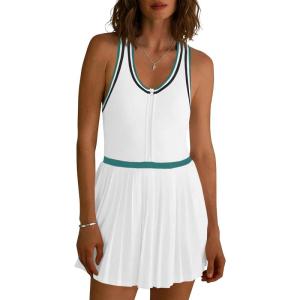 Fisoew Womens Tennis Mini Dress Half Zipper Racerback Athletic Workout Pleated Dresses with Built-in Shorts& Bra(White)