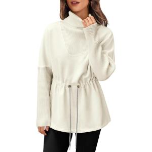 Fisoew Women’s Turtleneck Sweatshirts Fleece Drawstring Waist Casual Long Sleeve Pullover Sweater Side Slit Tunic Tops(Beige)