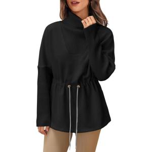Fisoew Women’s Turtleneck Sweatshirts Fleece Drawstring Waist Casual Long Sleeve Pullover Sweater Side Slit Tunic Tops(Black)