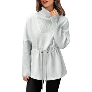 Fisoew Women’s Turtleneck Sweatshirts Fleece Drawstring Waist Casual Long Sleeve Pullover Sweater Side Slit Tunic Tops(Grey)