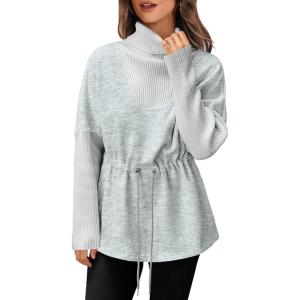 Fisoew Women’s Turtleneck Sweatshirts Fleece Drawstring Waist Casual Long Sleeve Pullover Sweater Side Slit Tunic Tops(Z1-color Block-grey)