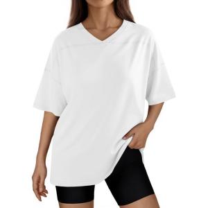 Fisoew Womens V Neck T Shirts Athletic Gym Short Sleeve Loose Running Casual Summer Tops(White)