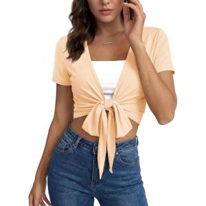 Fisoew Womens Workout Crop Tops Casual Wrap Tie Short Sleeve Loose Shirts Ballet Pilates Yoga Active Tee Tops(Apricot)