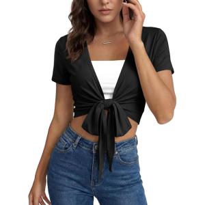 Fisoew Womens Workout Crop Tops Casual Wrap Tie Short Sleeve Loose Shirts Ballet Pilates Yoga Active Tee Tops(Black)