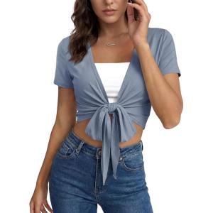 Fisoew Womens Workout Crop Tops Casual Wrap Tie Short Sleeve Loose Shirts Ballet Pilates Yoga Active Tee Tops(Blue)