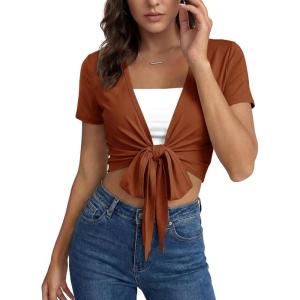 Fisoew Womens Workout Crop Tops Casual Wrap Tie Short Sleeve Loose Shirts Ballet Pilates Yoga Active Tee Tops(Brown)