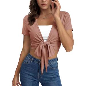 Fisoew Womens Workout Crop Tops Casual Wrap Tie Short Sleeve Loose Shirts Ballet Pilates Yoga Active Tee Tops(Dark Khaki)
