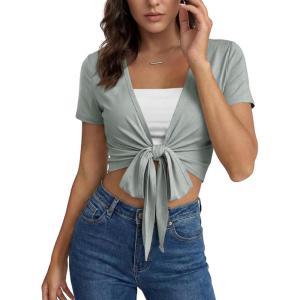 Fisoew Womens Workout Crop Tops Casual Wrap Tie Short Sleeve Loose Shirts Ballet Pilates Yoga Active Tee Tops(Grey)