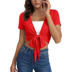 Fisoew Womens Workout Crop Tops Casual Wrap Tie Short Sleeve Loose Shirts Ballet Pilates Yoga Active Tee Tops(Red)