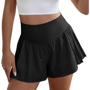 Fisoew Womens Workout Gym Shorts Elastic High Waisted Pleated Lightweight Active Running Shorts(Black)