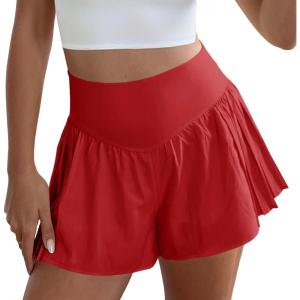 Fisoew Womens Workout Gym Shorts Elastic High Waisted Pleated Lightweight Active Running Shorts(Red)