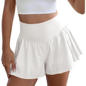 Fisoew Womens Workout Gym Shorts Elastic High Waisted Pleated Lightweight Active Running Shorts(White)