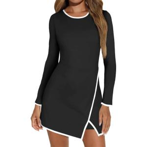 Fisoew Women’s Workout Tennis Dress with Built-in Bra & Shorts Pockets Long Sleeve Crewneck Golf Athletic Mini Dresses(Black)