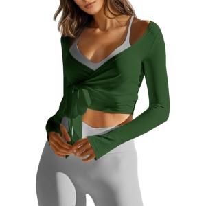 Fisoew Womens Wrap Tie Tops Long Sleeve Workout Crop Wrap Shirts Casual Lightweight Ballet Pilates Yoga Active Tops(Army Green)