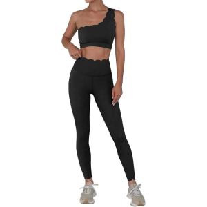Fisoew Workout Sets for Women 2 Piece High Waisted Leggings with One Shoulder Stretchy Sports Bra Gym Tracksuits(Black)