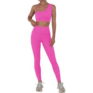Fisoew Workout Sets for Women 2 Piece High Waisted Leggings with One Shoulder Stretchy Sports Bra Gym Tracksuits(Pink)