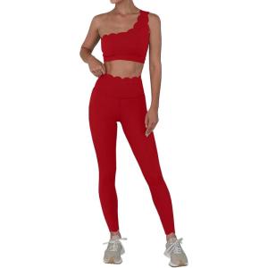 Fisoew Workout Sets for Women 2 Piece High Waisted Leggings with One Shoulder Stretchy Sports Bra Gym Tracksuits(Red)
