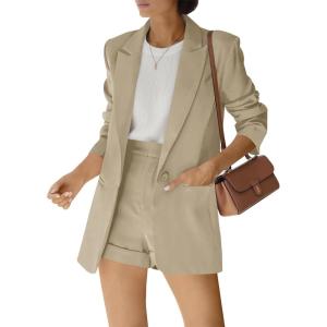 Women’s 2 Piece Open Front Long Sleeve Blazer and Solid Short Pants Suit Sets(Beige)