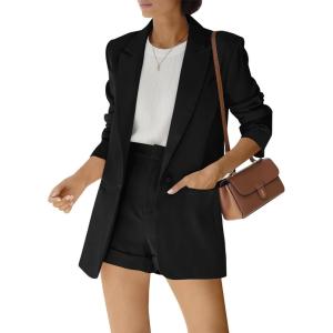 Women’s 2 Piece Open Front Long Sleeve Blazer and Solid Short Pants Suit Sets(Black)