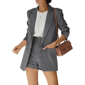 Women’s 2 Piece Open Front Long Sleeve Blazer and Solid Short Pants Suit Sets(Grey)