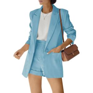 Women’s 2 Piece Open Front Long Sleeve Blazer and Solid Short Pants Suit Sets(Light Blue)