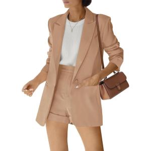 Women’s 2 Piece Open Front Long Sleeve Blazer and Solid Short Pants Suit Sets(Light Khaki)