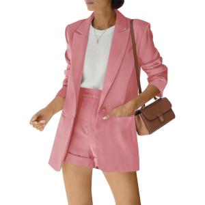 Women’s 2 Piece Open Front Long Sleeve Blazer and Solid Short Pants Suit Sets(Pink)