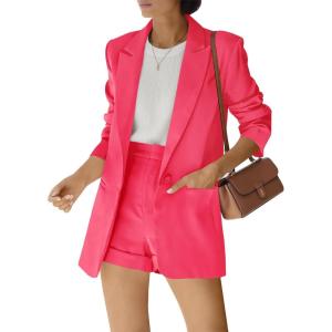 Women’s 2 Piece Open Front Long Sleeve Blazer and Solid Short Pants Suit Sets(Rose Red)