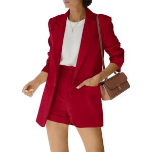 Women’s 2 Piece Open Front Long Sleeve Blazer and Solid Short Pants Suit Sets(Wine Red)