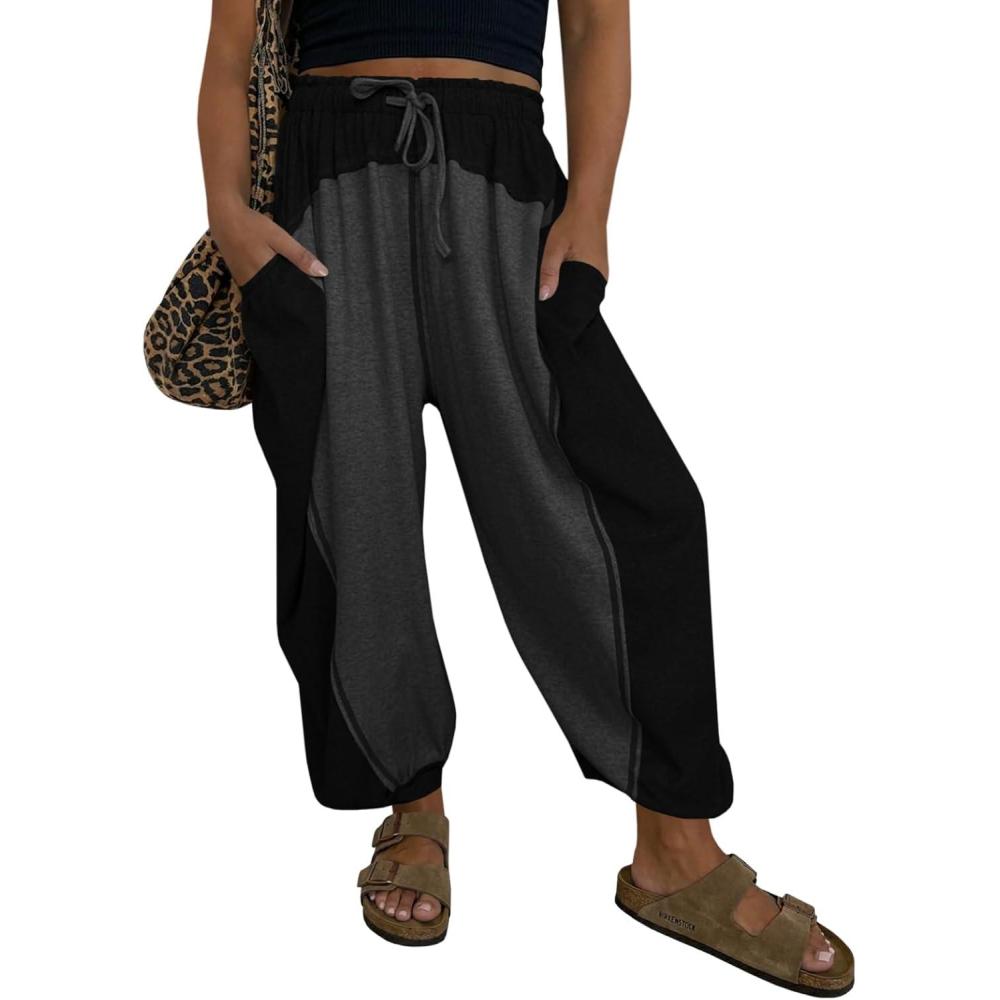 image:imageFisoew Womens Baggy Wide Leg Harem Barrel Pants Casual Elastic Waist Drawstring Color Block Workout Track Pants with PocketsBlack