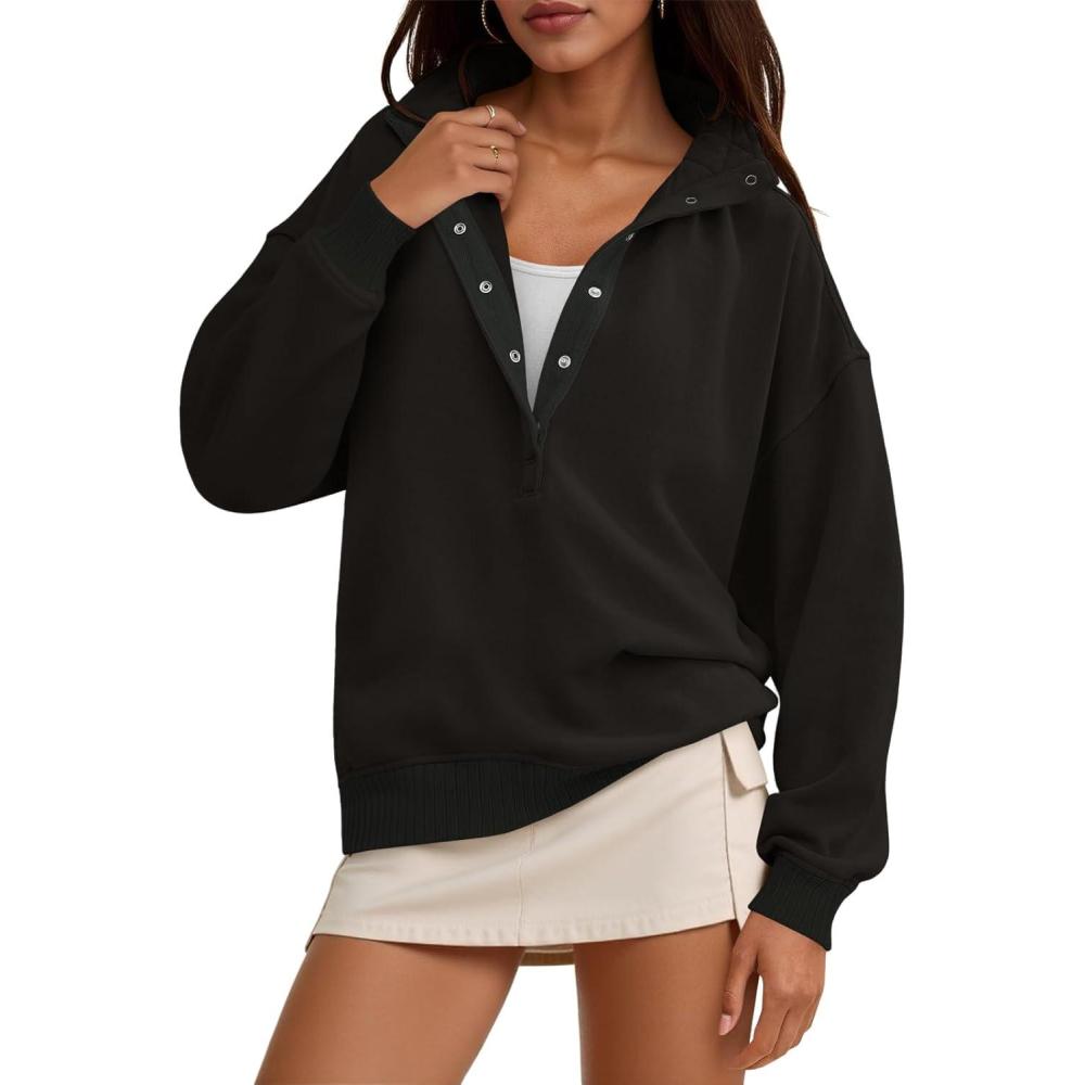 image:imageFisoew Womens Oversized Sweatshirts Casual Long Sleeve Snap Button Henley Neck Loose Fit Fall Pullover TopsBlack