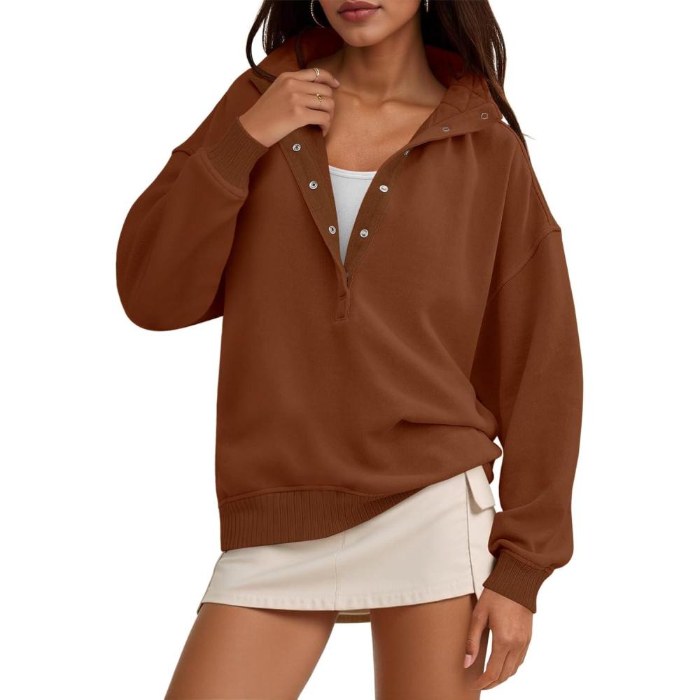 image:imageFisoew Womens Oversized Sweatshirts Casual Long Sleeve Snap Button Henley Neck Loose Fit Fall Pullover TopsCoffee