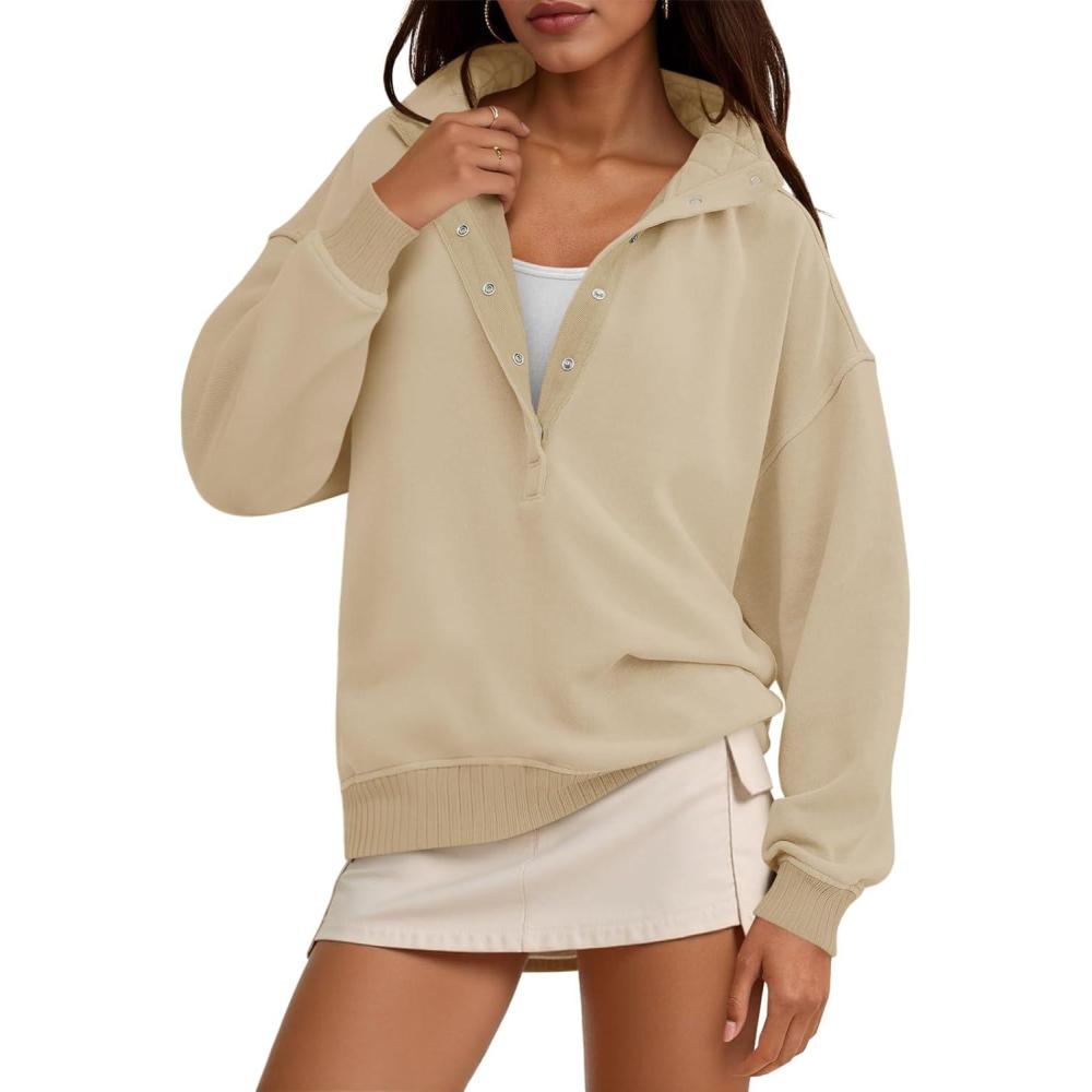 image:imageFisoew Womens Oversized Sweatshirts Casual Long Sleeve Snap Button Henley Neck Loose Fit Fall Pullover TopsKhaki