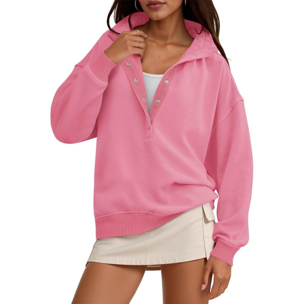 image:imageFisoew Womens Oversized Sweatshirts Casual Long Sleeve Snap Button Henley Neck Loose Fit Fall Pullover TopsPink