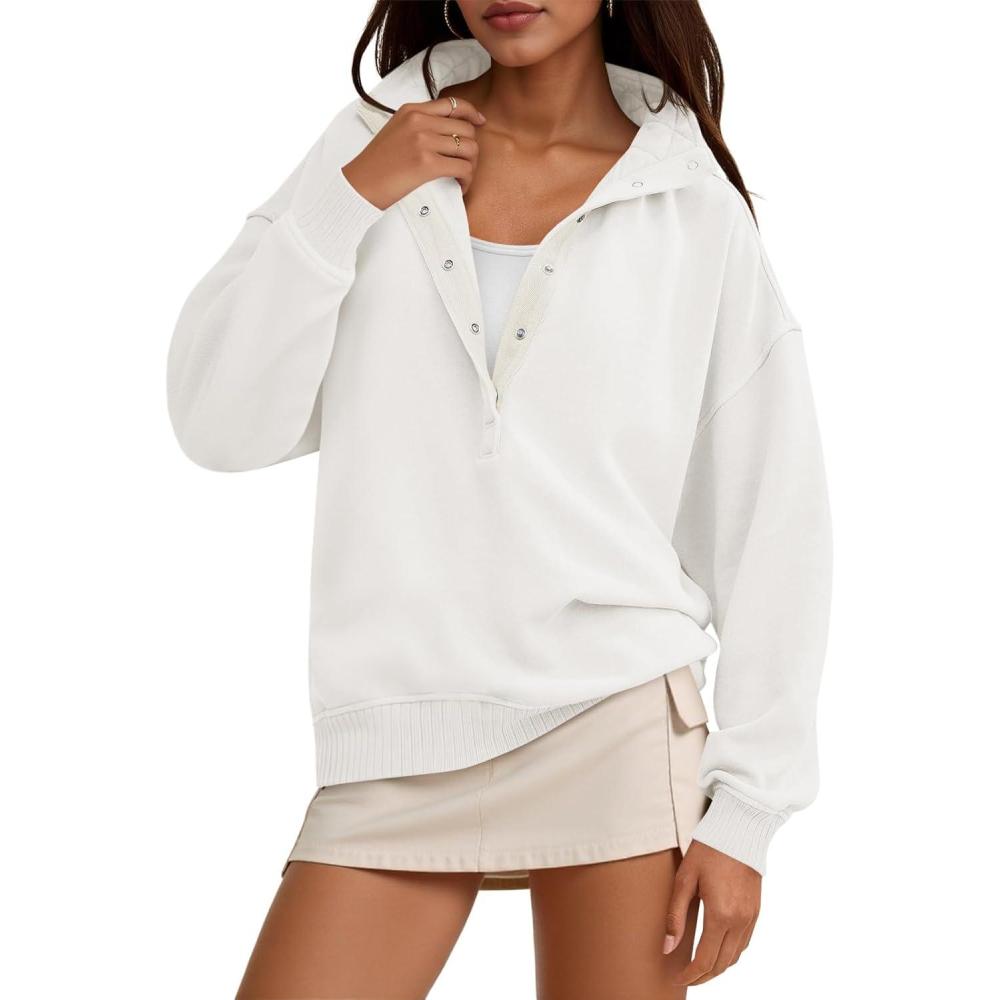 image:imageFisoew Womens Oversized Sweatshirts Casual Long Sleeve Snap Button Henley Neck Loose Fit Fall Pullover TopsWhite