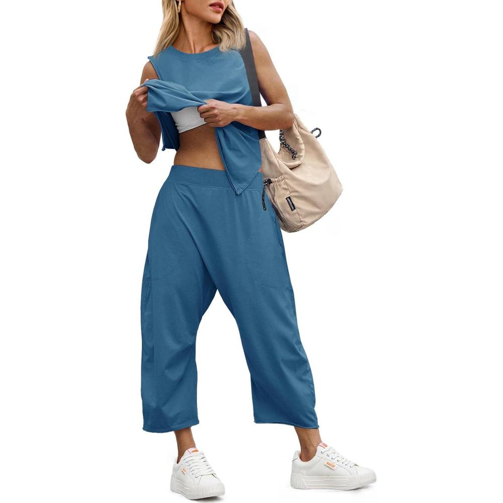image:imageFisoew Womens Summer 2 Piece Outfits Sleeveless Tank Tops and Wide Leg Pocketed Pants Workout Sweat SetsLake Blue
