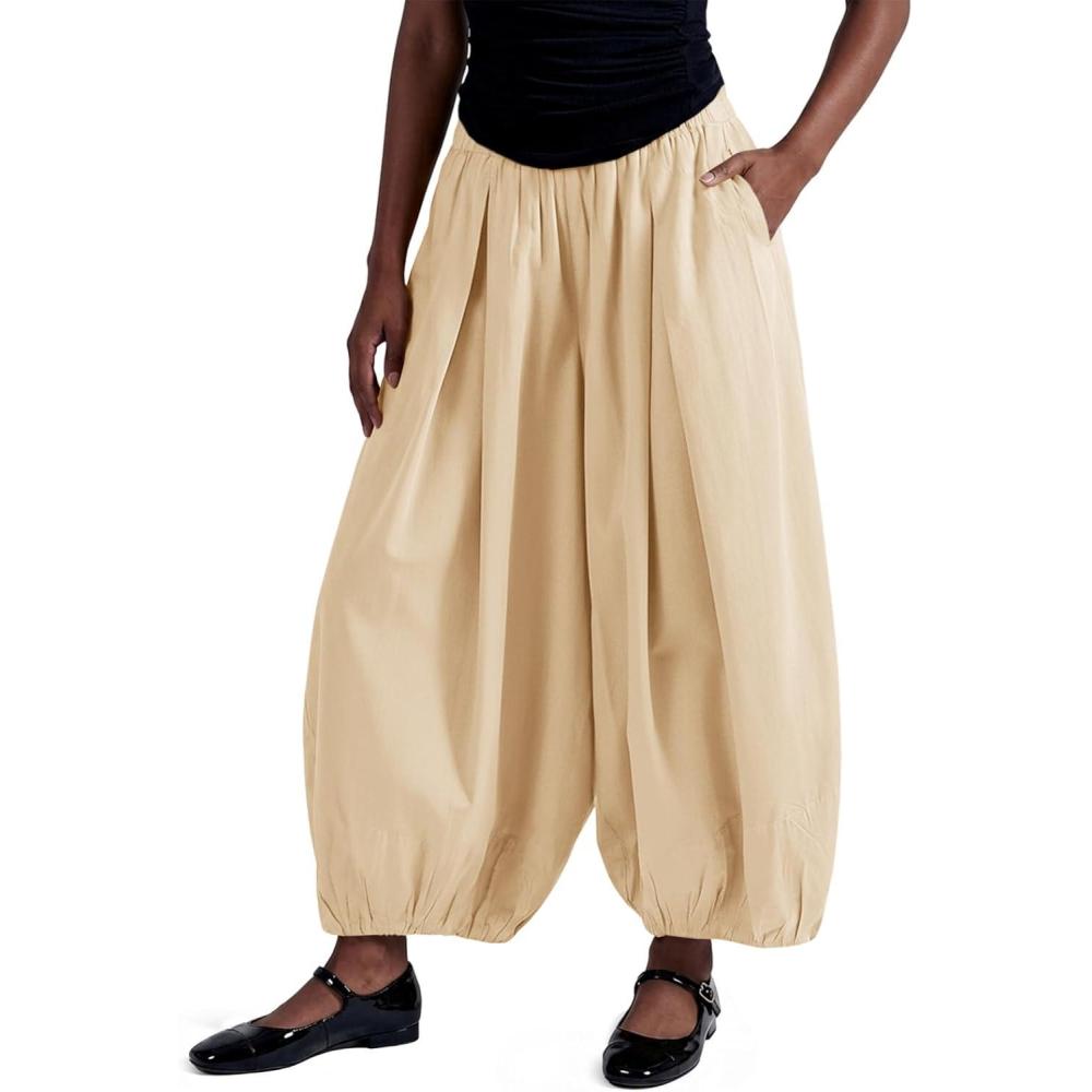 image:imageFisoew Womens Wide Leg Balloon Pants Casual Barrel Elastic Waist Pleated Baggy Workout Sweat Pants with PocketsBeige