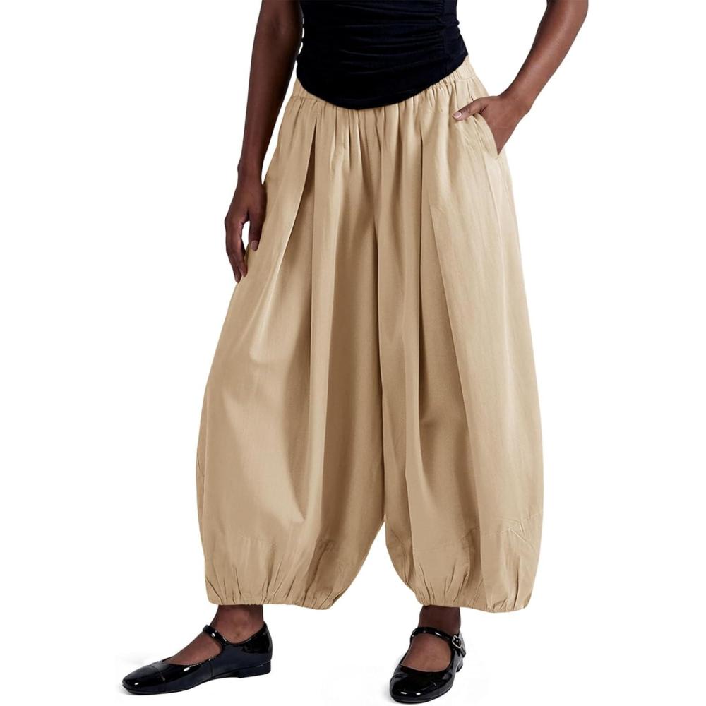 image:imageFisoew Womens Wide Leg Balloon Pants Casual Barrel Elastic Waist Pleated Baggy Workout Sweat Pants with PocketsKhaki