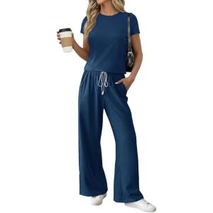 Fisoew Women 2 Piece Lounge Sets 2026 Casual Summer Outfits Short Sleeve Crop Tops Wide Leg Sweatpants Tracksuit(Dark Blue)