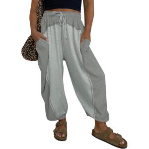 Fisoew Womens Baggy Wide Leg Harem Barrel Pants Casual Elastic Waist Drawstring Color Block Workout Track Pants with Pockets(Grey)