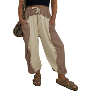 Fisoew Womens Baggy Wide Leg Harem Barrel Pants Casual Elastic Waist Drawstring Color Block Workout Track Pants with Pockets(Khaki)