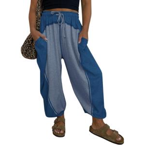 Fisoew Womens Baggy Wide Leg Harem Barrel Pants Casual Elastic Waist Drawstring Color Block Workout Track Pants with Pockets(Navy)
