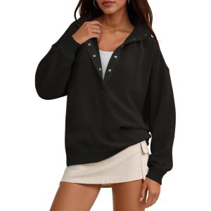 Fisoew Womens Oversized Sweatshirts Casual Long Sleeve Snap Button Henley Neck Loose Fit Fall Pullover Tops(Black)