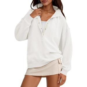 Fisoew Womens Oversized Sweatshirts Casual Long Sleeve Snap Button Henley Neck Loose Fit Fall Pullover Tops(White)