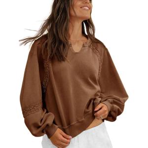 Fisoew Women’s Oversized Sweatshirts Casual V Neck Lace Lantern Long Sleeve Cropped Loose Fit Fall Pullover Top Coffee