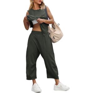 Fisoew Women’s Summer 2 Piece Outfits Sleeveless Tank Tops and Wide Leg Pocketed Pants Workout Sweat Sets(Dark Grey)
