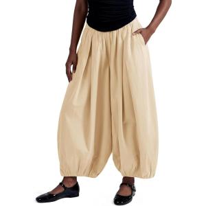 Fisoew Womens Wide Leg Balloon Pants Casual Barrel Elastic Waist Pleated Baggy Workout Sweat Pants with Pockets(Beige)