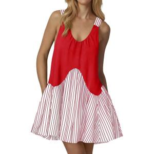 Fisoew Womens Sleeveless Tank Mini Dress Summer Casual V Neck Striped Patchwork A Line Athletic Dress with Pockets(Red)